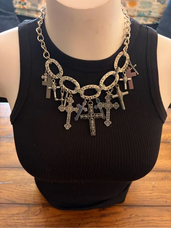 Gothic Vintage Style Silver Multi Cross Charm Statement Necklace Chunky Chain