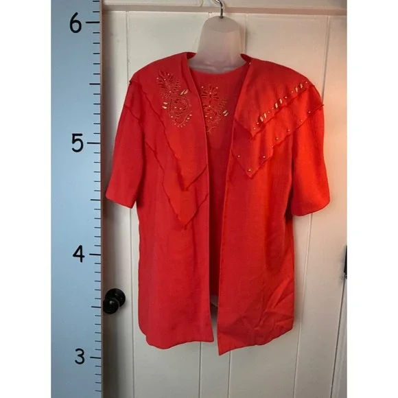 Vintage New City Girl Nancy Bolen Red/Orange 2PC Blouse Blazer Set Large Women's