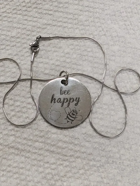 16-in Thin Silver Snake Chain With Bee Happy Circle Pendant