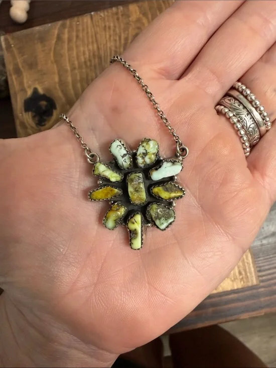 Sterling Silver Southwest Yellow Green Turquoise Stone Sunburst Pendant Necklace