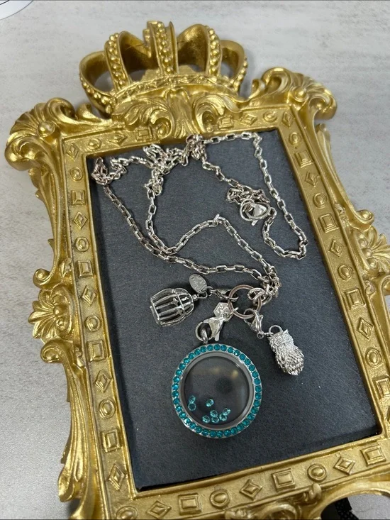 Bundle of Origami Owl Silver Necklace w/Teal Crystal Locket, Crystals & pendants