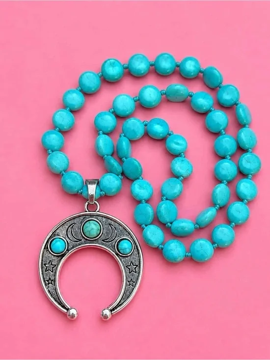 Celestial Turquoise Moon Natural Stone Beads Bohemian Western Necklace