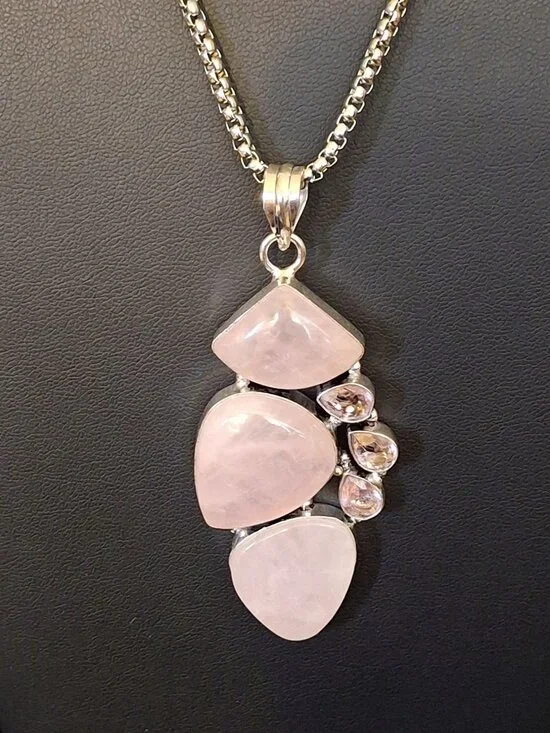 Rose Quartz and Pink Topaz Gemstone Ethnic Pendant  505 NWOT