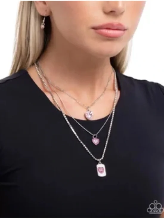 paparazzi Silver-Layered Necklace with Pink Heart Pendants