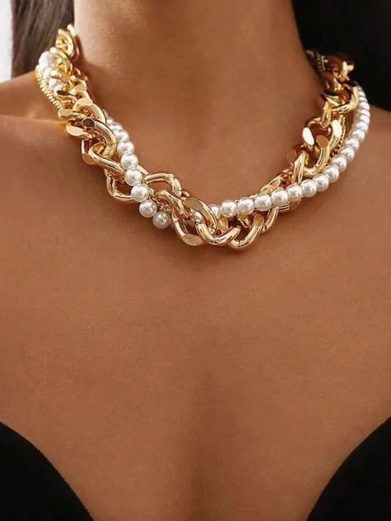 Gold and White Pearl Mixed-Chain Necklace