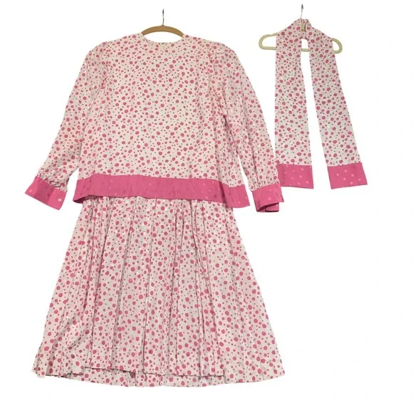 Vintage Nat‎ Kaplan Couture Pink Polka Dot 2 Piece Dress Set with Scarf USA Made