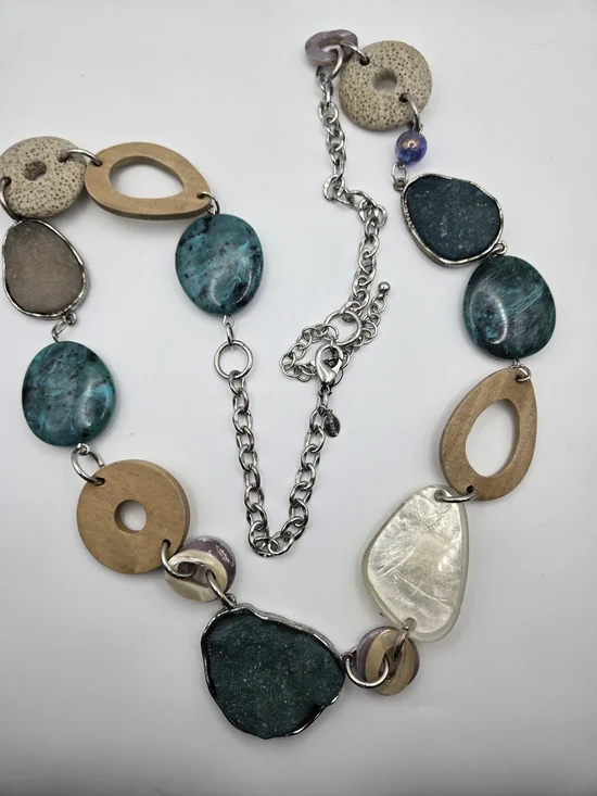 Chico's Teal Wood Silver Mixed Media Necklace Druzy Labradorite Turquoise READ