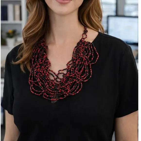 Multi stranded Necklace red and black beads statement piece jewerly