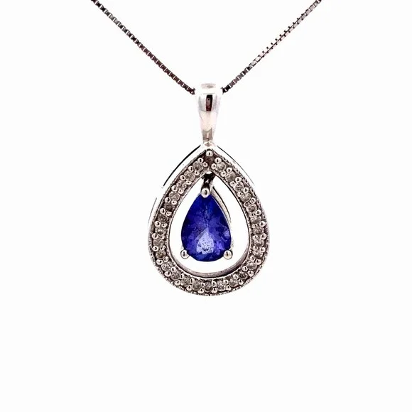 Designer RCI 14K White Gold Floating Tanzanite Pear Diamond Accent Halo Necklace