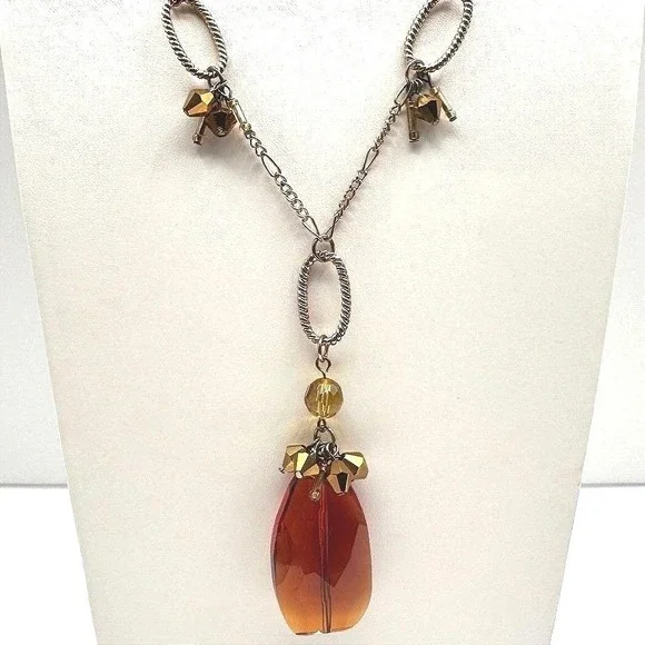 Vintage 90s Amber Citrine Glass Pendant Necklace Gold Tone Beaded Boho Statement