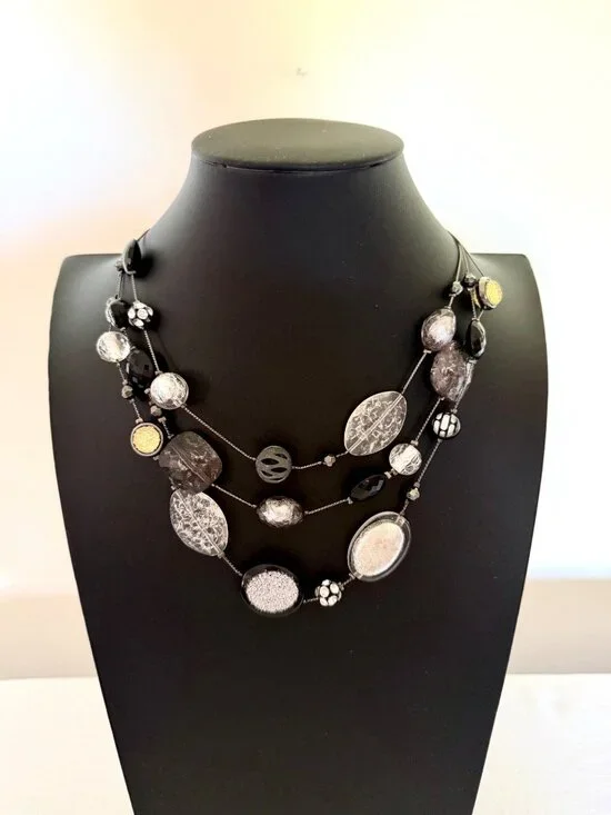 Vintage NY Collection Black Silver Multi Strand Beaded Statement Necklace
