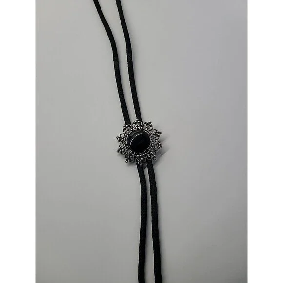 Black Bolo‎ Necklace Silver Tone Filigree Black Cabochon Western Cord Slide