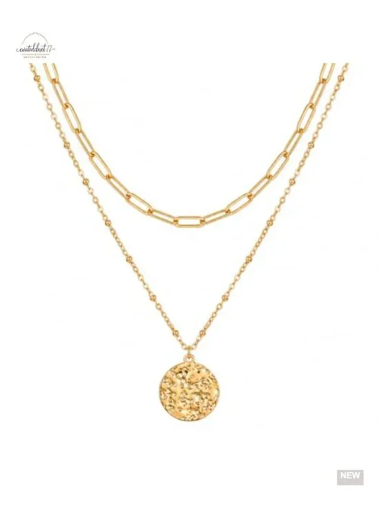 2 Piece Paperclip & Disc Pendant Necklace Set Stainless Steel Gold Plated
