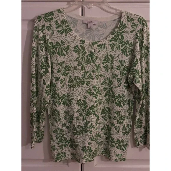 Yves Dressbarn Womens Green White‎ Floral Cardigan Sweater Size L Button Front