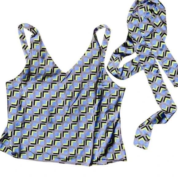 Wildfang The Empower Satin Cami Cubic Geometric‎ Print V-Neck Tank Top XS NEW