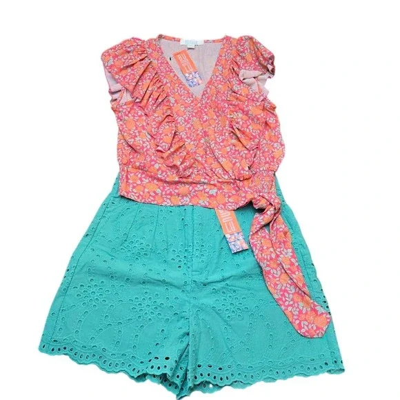 Bunulu Floral Ruffle Top &‎ Eyelet Shorts Set - Sleeveless - Size 10/L