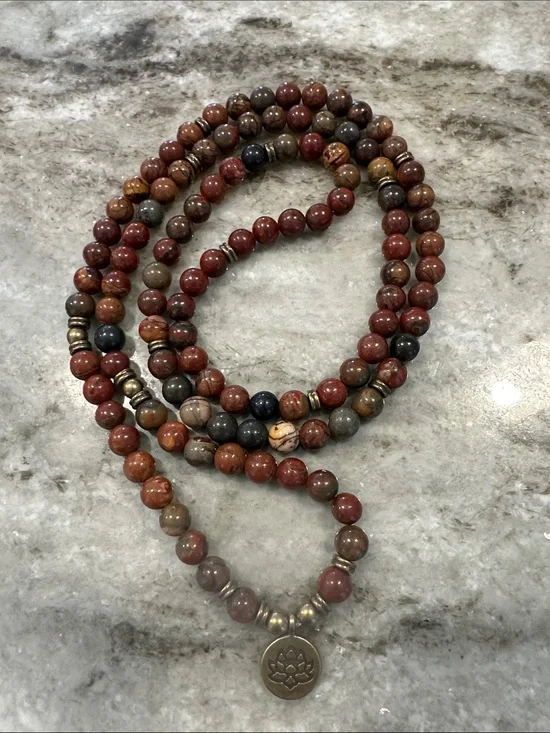 Multi-Color Natural Agate Beaded Mala Necklace/Bracelet with Gold Lotus Charm