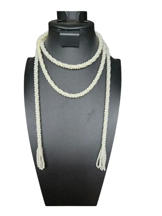 Vintage Lariat Style Necklace Features Crocheted Faux Seed Pearls With Tassel En