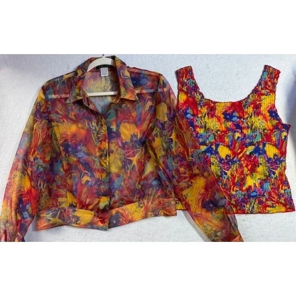 Cest Duo‎ 2pc Shell Sheer Shirt Jacket Artsy Parrot Tropical Island Beach LRG