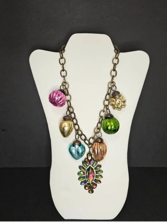 Vintage Style Holiday Charm Necklace Christmas Bulbs AB Rhinestone Brass Tone