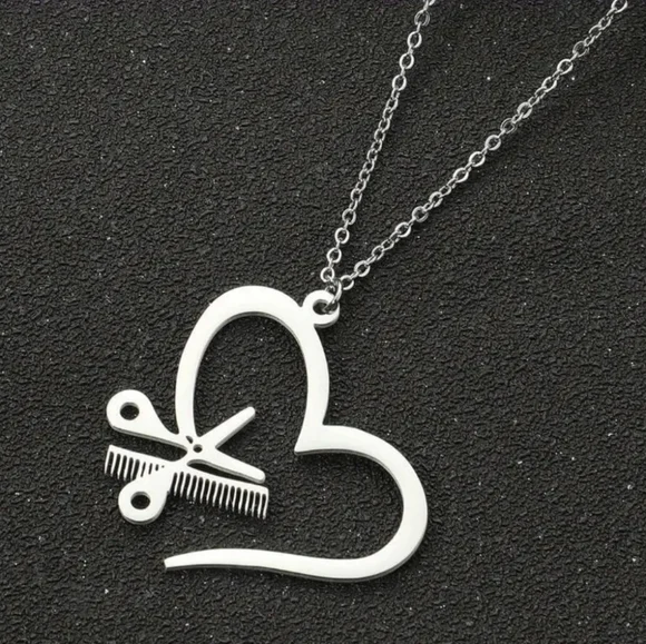 Hairdresser Salon Tools Scissor & Comb Heart Pendant‎ Hairstylist Salon Necklace
