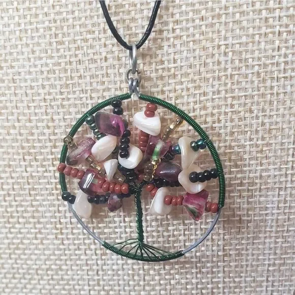 TREE OF LIFE Wire-Wrapped Beaded Pendant Necklace