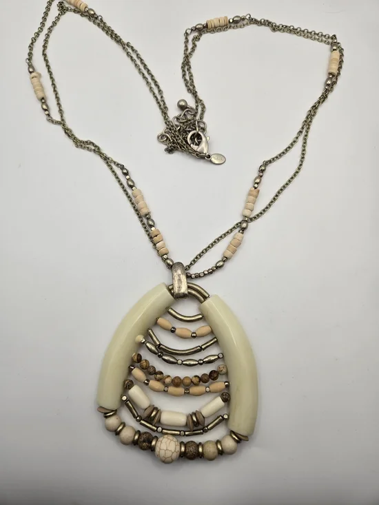 Chico's Long Cream Tan Silver Multi-Bead Pendant Necklace Tribal Ethnic Boho