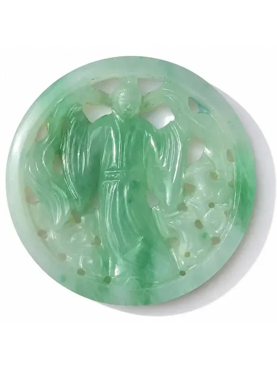 Vintage Carved Pale Green Jade Pierced Openwork Medallion Pendant Figure 2