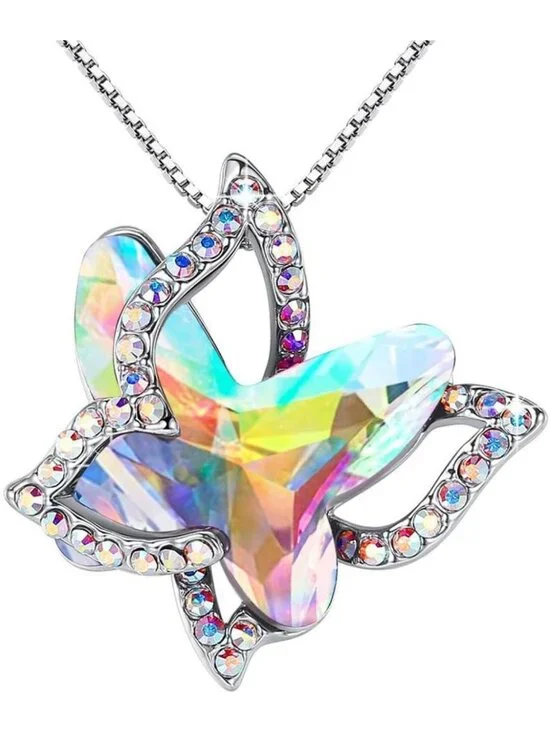 Elegant Butterfly Birthstone Necklace, Silver Tone Pendant Jewelry for Women