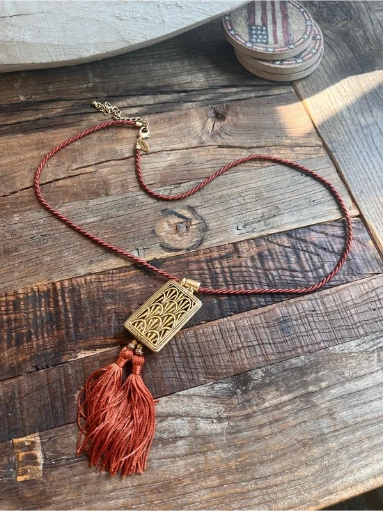 Chico's Gold-Tone Filigree Pendant Necklace with Rust Tassel