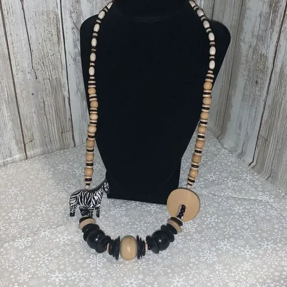 Vintage‎ Wood Hand Carved Zebra Bead Necklace 29”