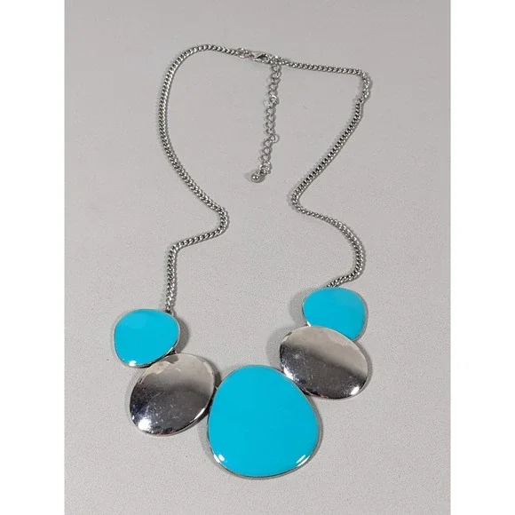 Blue Enamel Oval Panel Statement Necklace Silver Tone‎ 22