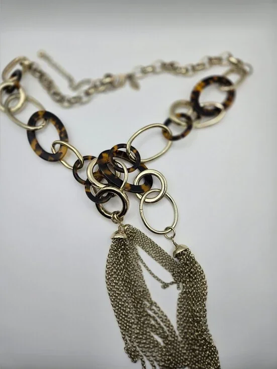 Chico's Long Tortoiseshell Gold Chain-Link Necklace Gold Tassels Bold Statement