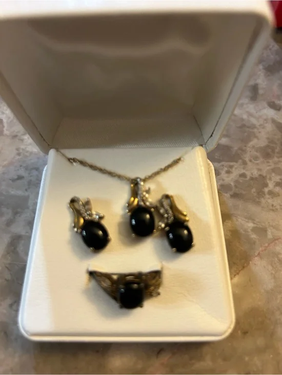 Gold-Tone Black Onyx Pearled Jewelry Set - Necklace, Earrings & Ring