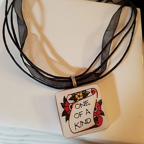 One of Kind Wood Square Sheer Multi-Layer Ribbon Necklace 16