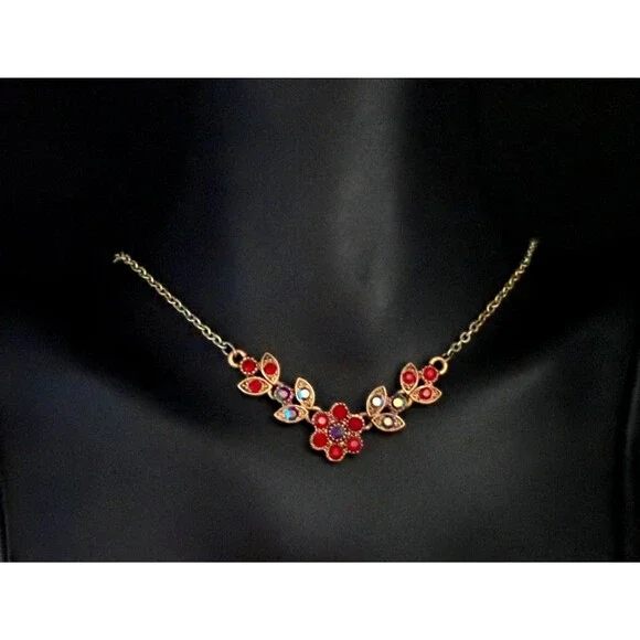 Dainty Red & Aurora Borealis AB Rhinestone Flower Gold Tone Chain Link Necklace