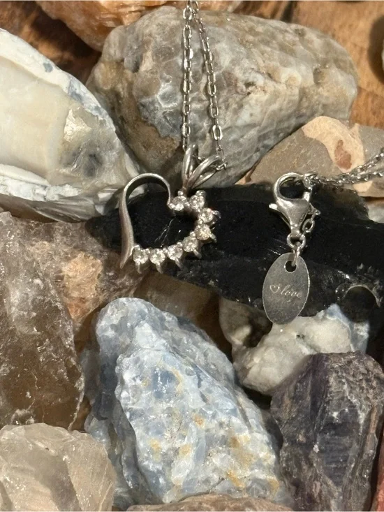 Sterling Silver Heart Pendant Necklace with Cubic Zirconia - Love Tag