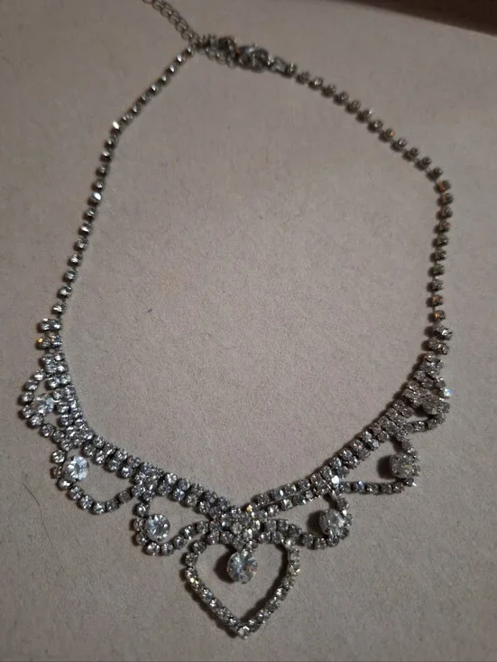 Silver-Tone Crystal Heart Necklace - Elegant Women's Jewelry Choker