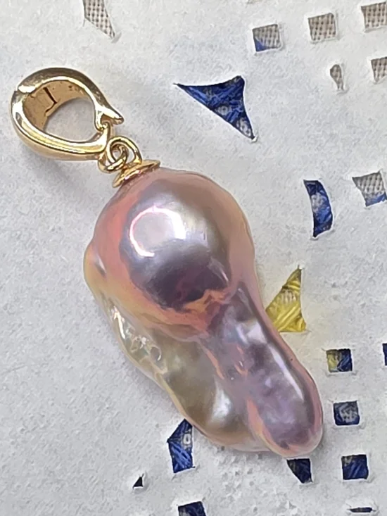 Big Pink Baroque Blister Pearl Charm Pendant Gold Over Sterling Clasp Opens