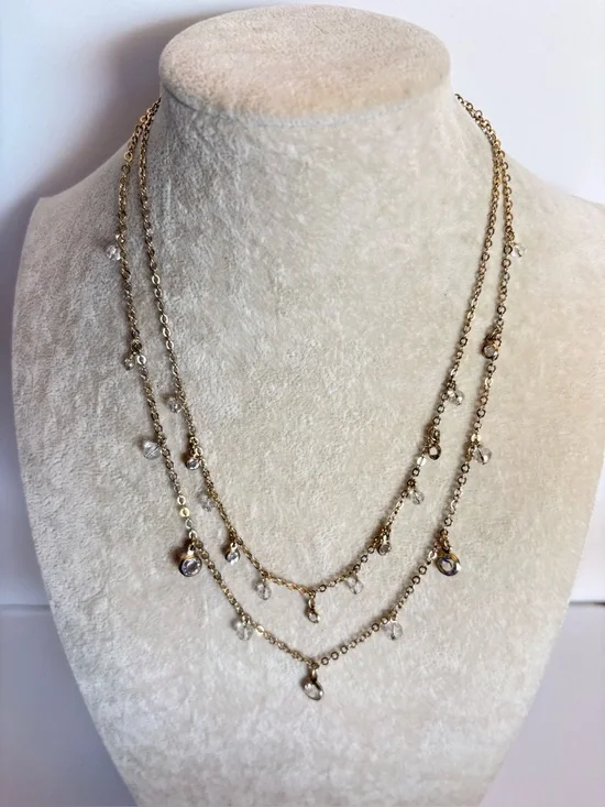 Avon Layered Crystal Drop Necklace Gold Tone Dainty Statement Necklace