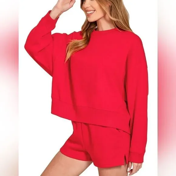 **Zenana Fleece Round Neck Red Sweatshirt and Shorts Matching Lounge Set Sz L
