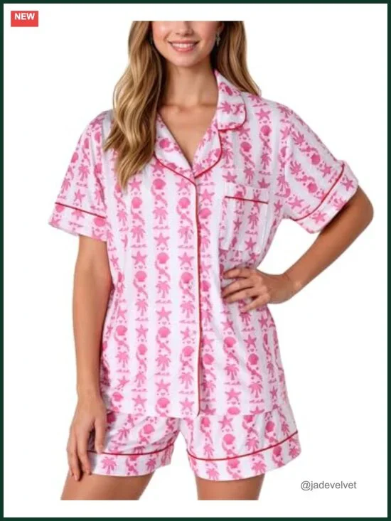 Women's Pajama Set with Palm Print Short Sleeve Top & Shorts Summer Sleepwear