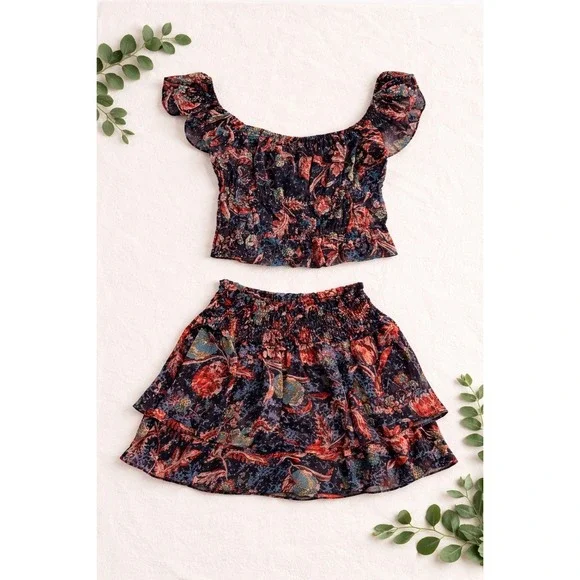 Express 2 Piece Set Womens S/XS Navy Floral Smocked Crop Top Tiered Skirt Boho‎