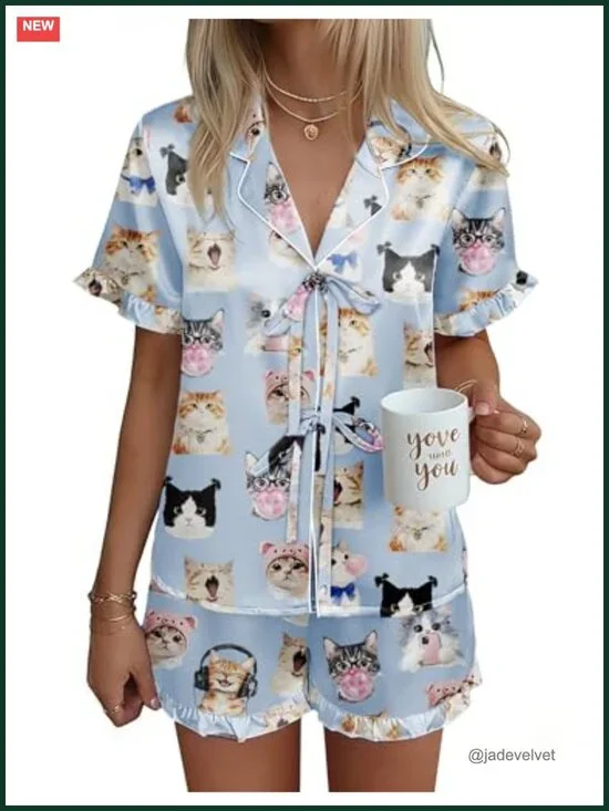 Satin Pajama Set for Women Short Sleeve Silky Pj Shorts