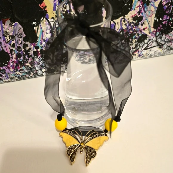 HANDCRAFTED Upcycled Black & Yellow Butterfly Necklace Choker HANDMADE Jewelry