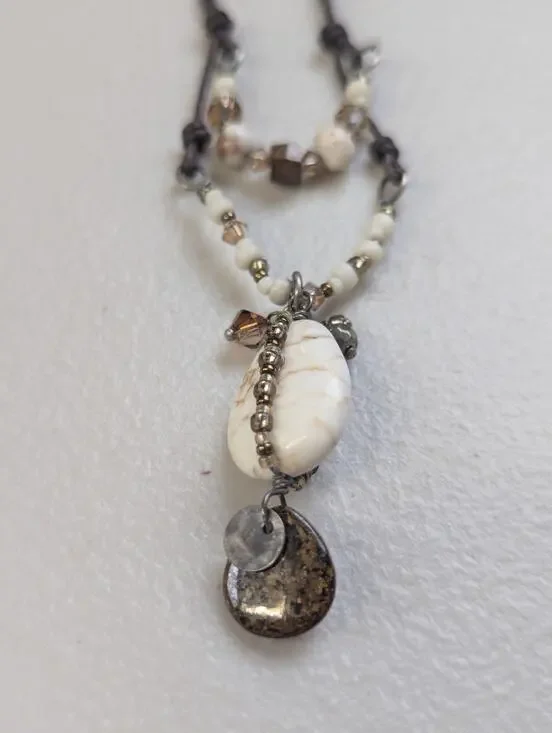 Stone Pendant Leather Necklace Beaded Boho Western Neutral Hippie Peyote Bird