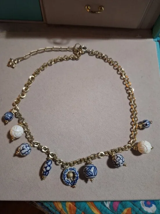 Gold Chain Necklace with Blue & White Ceramic Bead Charms