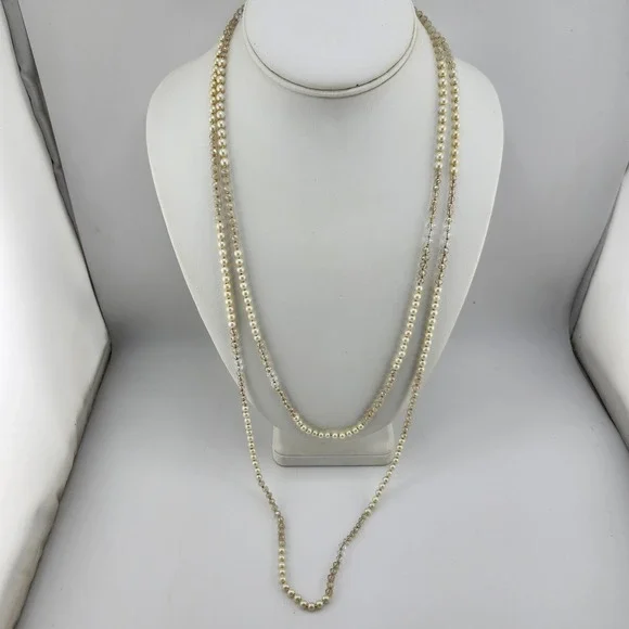 Ann Taylor Faux Pearl Crystal Bead Necklace Costume Jewelry‎ Long Strand