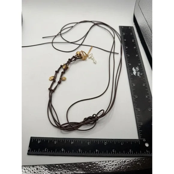 Boho Multi Strand Brown Cord Necklace Gold Tone Charms Baroque Pearl Toggle 32in