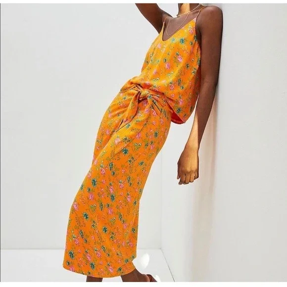 Anthropologie Orange Floral 2 Piece Set Cami Top Size 4 Wrap Midi Skirt Size 6